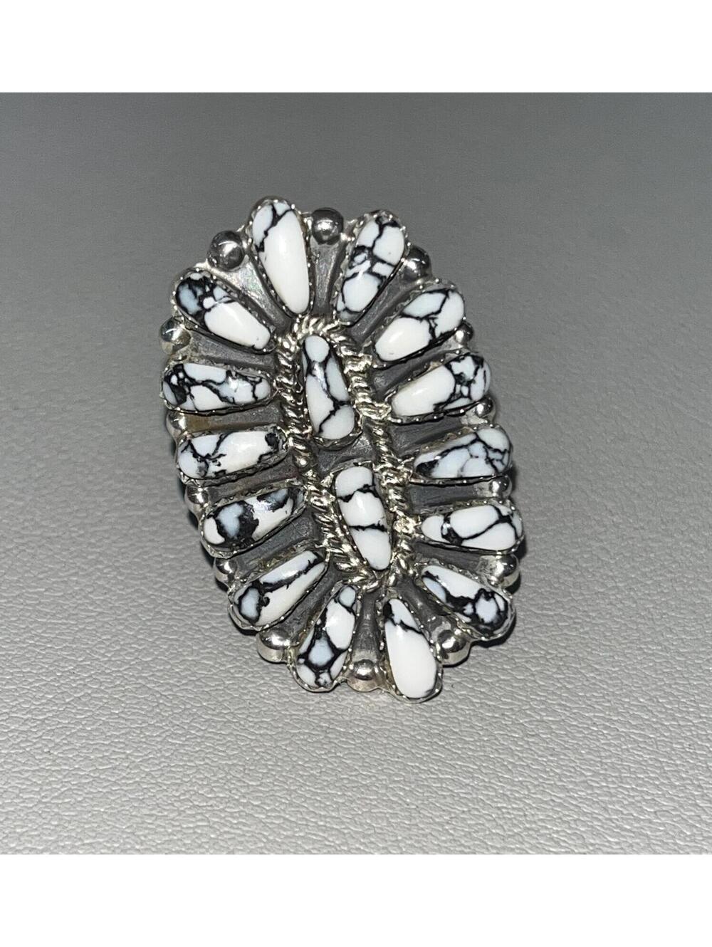 Navajo handmade cluster white buffalo sterling silver inlay ring size 9.5